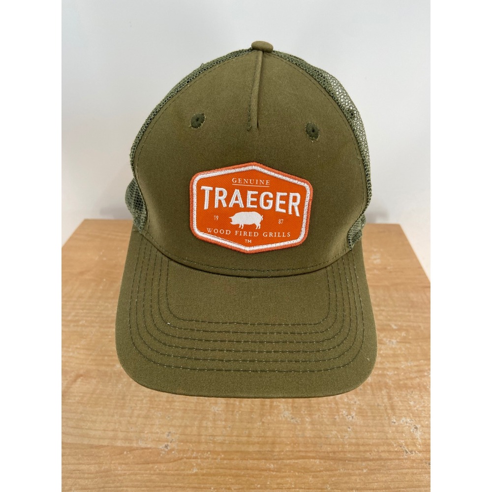 Traeger Wood Fired Grills Trucker Hat Mens Olive Green Snapback Mesh Cap Patch